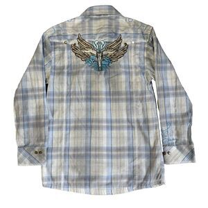 Blue Grey Plaid Embroidered Button-Up Shirt Kids 6 Long Sleeve Western Casual